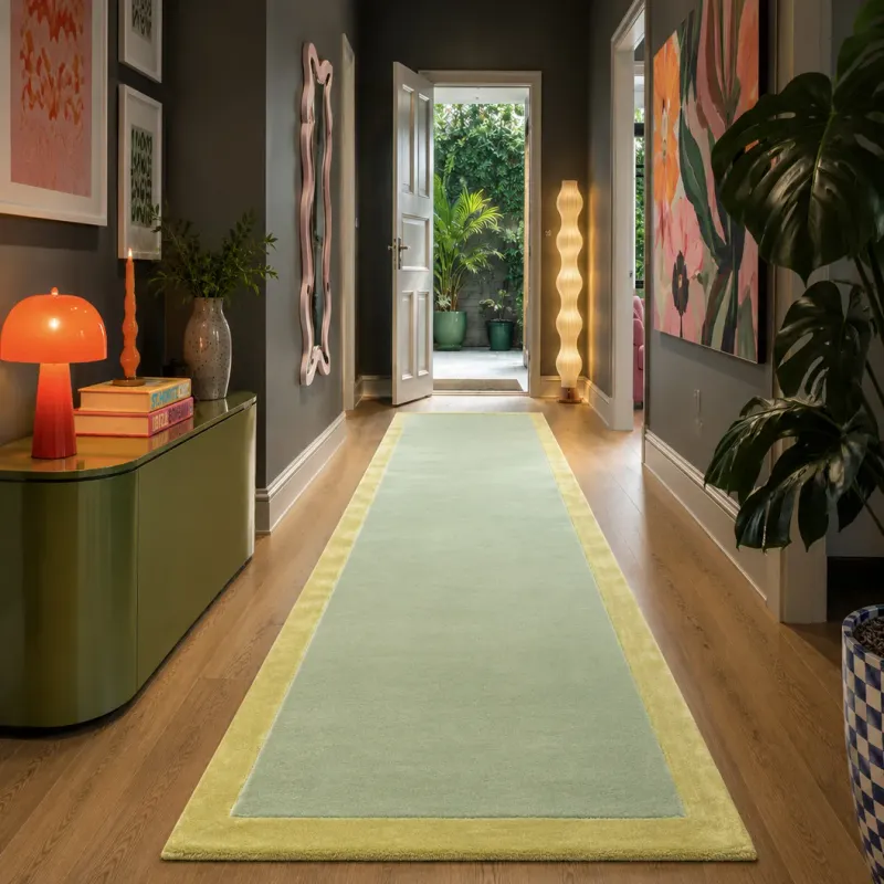 Pastel Green Wool Runner with Golden Rod Border