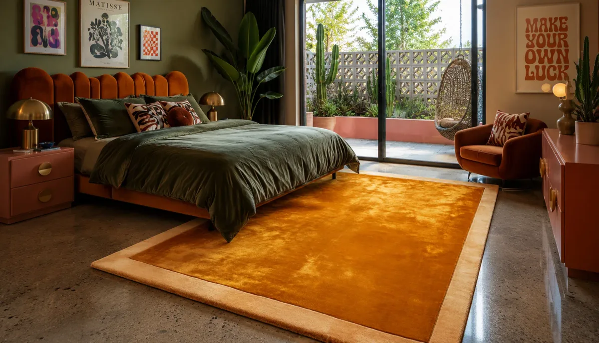Traffic Orange Art Silk Rug with Saffron Yellow Wool Border