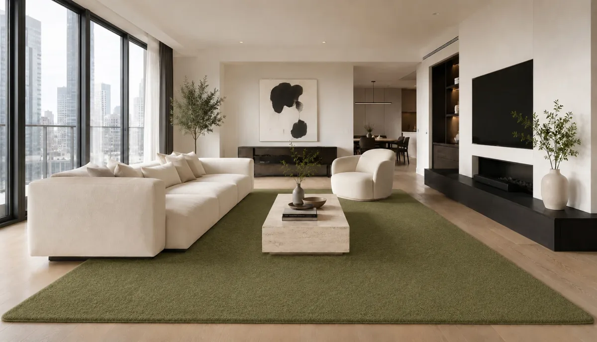 Plain Brown Green Wool Rug