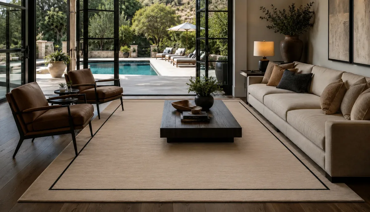 Sand White Wool Rug with Jet Black Art Silk Inset Border