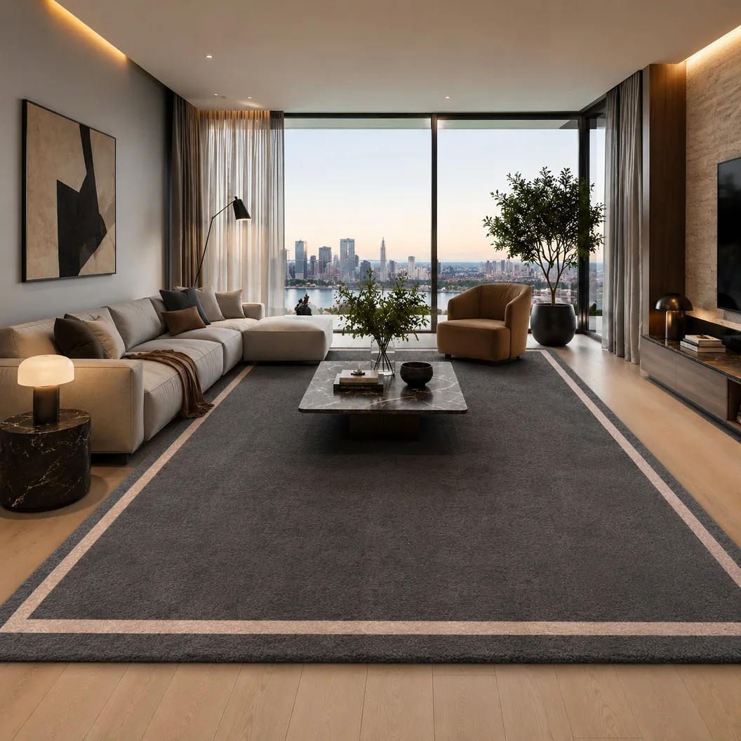 Slate Grey Wool Rug with Hint Of Salmon Inset Border - Rug Roomset Collection
