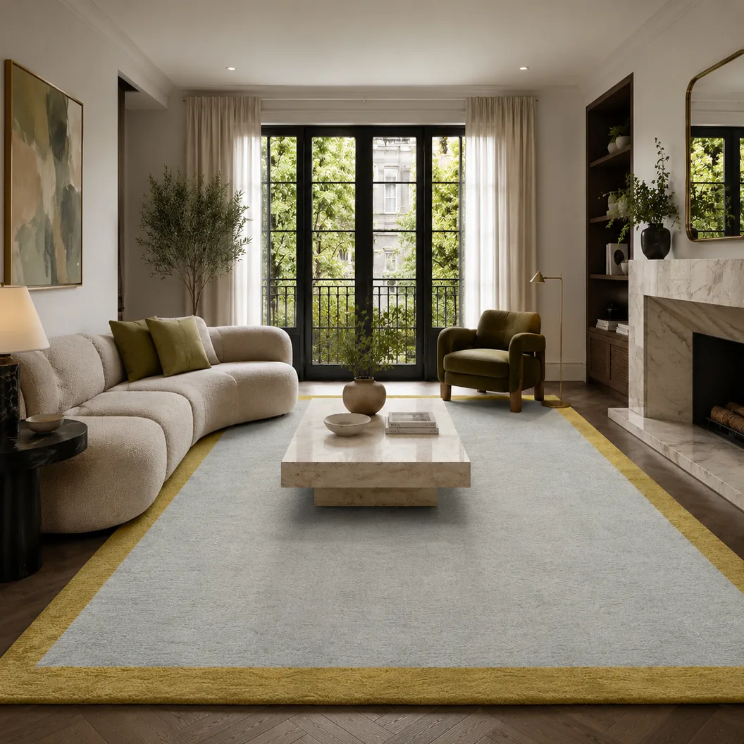 Silver Gre Art Silk Rug with Honey Yellow Border - Rug Roomset Collection