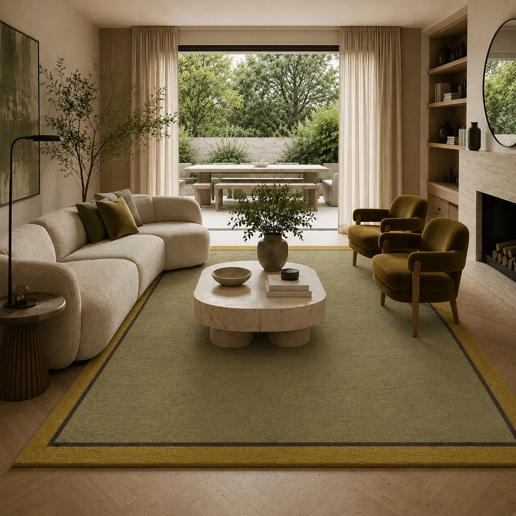 Light Grass Green Art Silk Rug with Art Silk Borders - Rug Roomset Collection