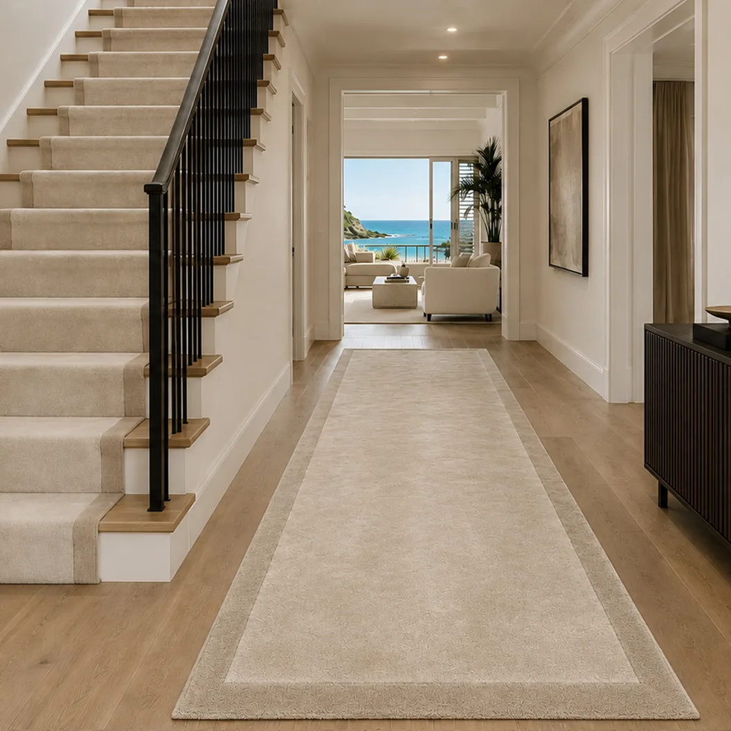 Oyster White Art Silk Runner with Sand White Wool Border - Rug Roomset Collection