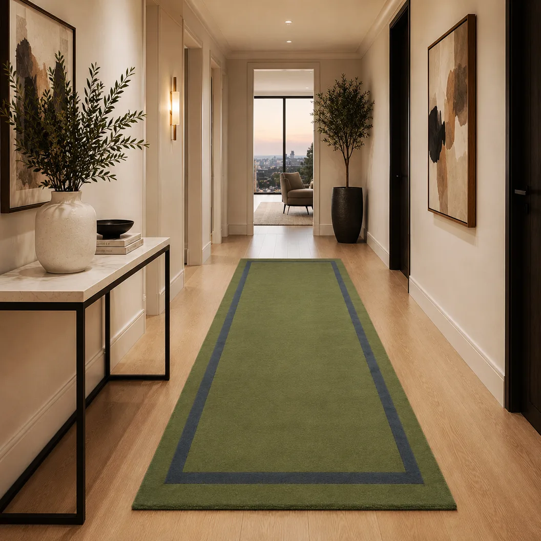 Fern Green Wool Runner with Deep Denim Blue Inset Border - Rug Roomset Collection