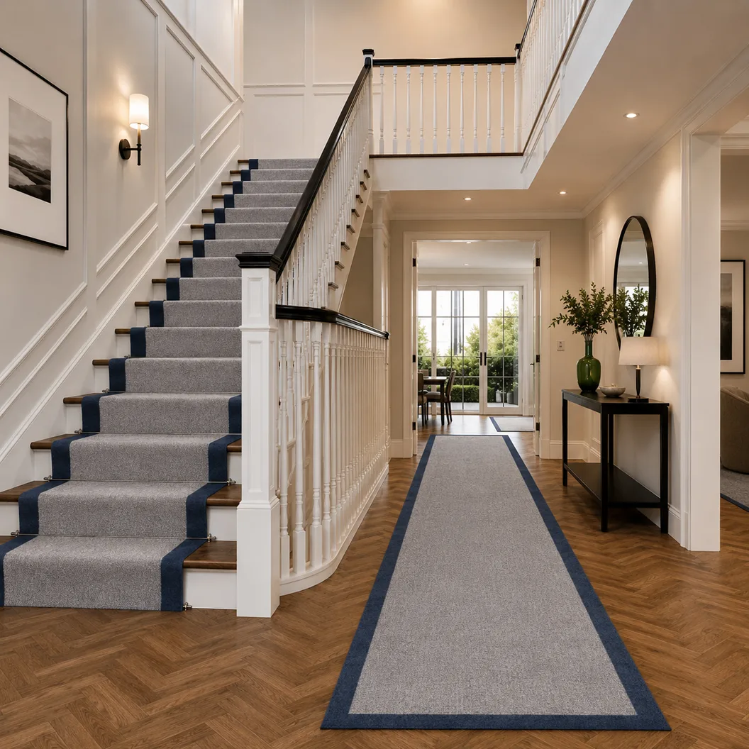 Purple Grey White Wool Runner with Dark Tyrain Blue Art Silk Border - Rug Roomset Collection