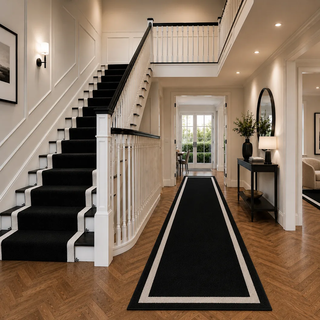 Jet Black Art Silk Runner with Traffic White Inset Border - Rug Roomset Collection