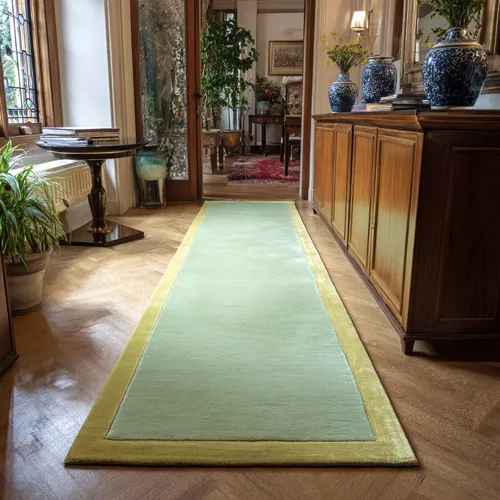 Pastel Green Wool Runner with Spanish Olive Cream Border - Rug Roomset Collection