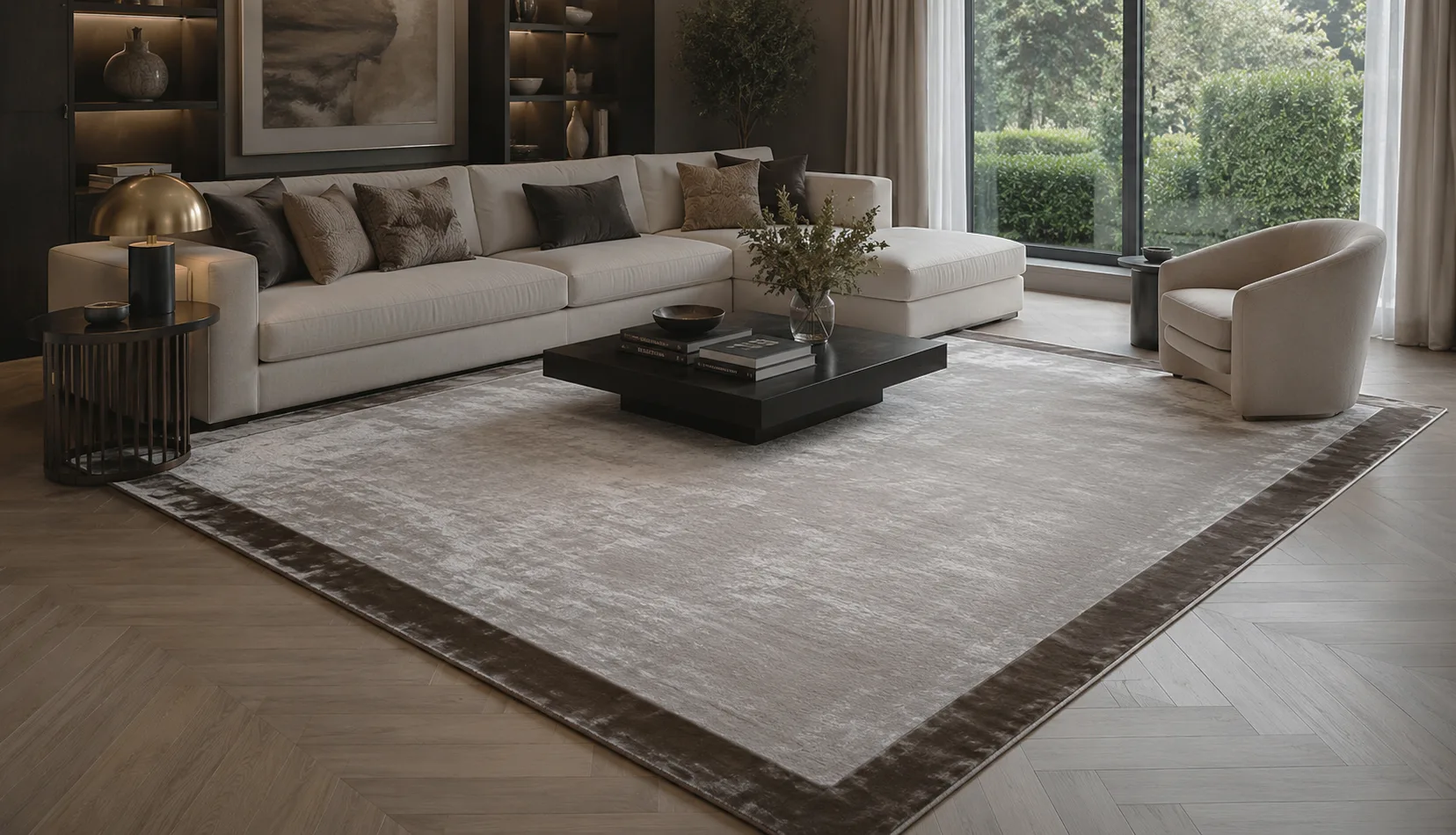 Light Platinum Grey Art Silk Rug with Black Brown Border