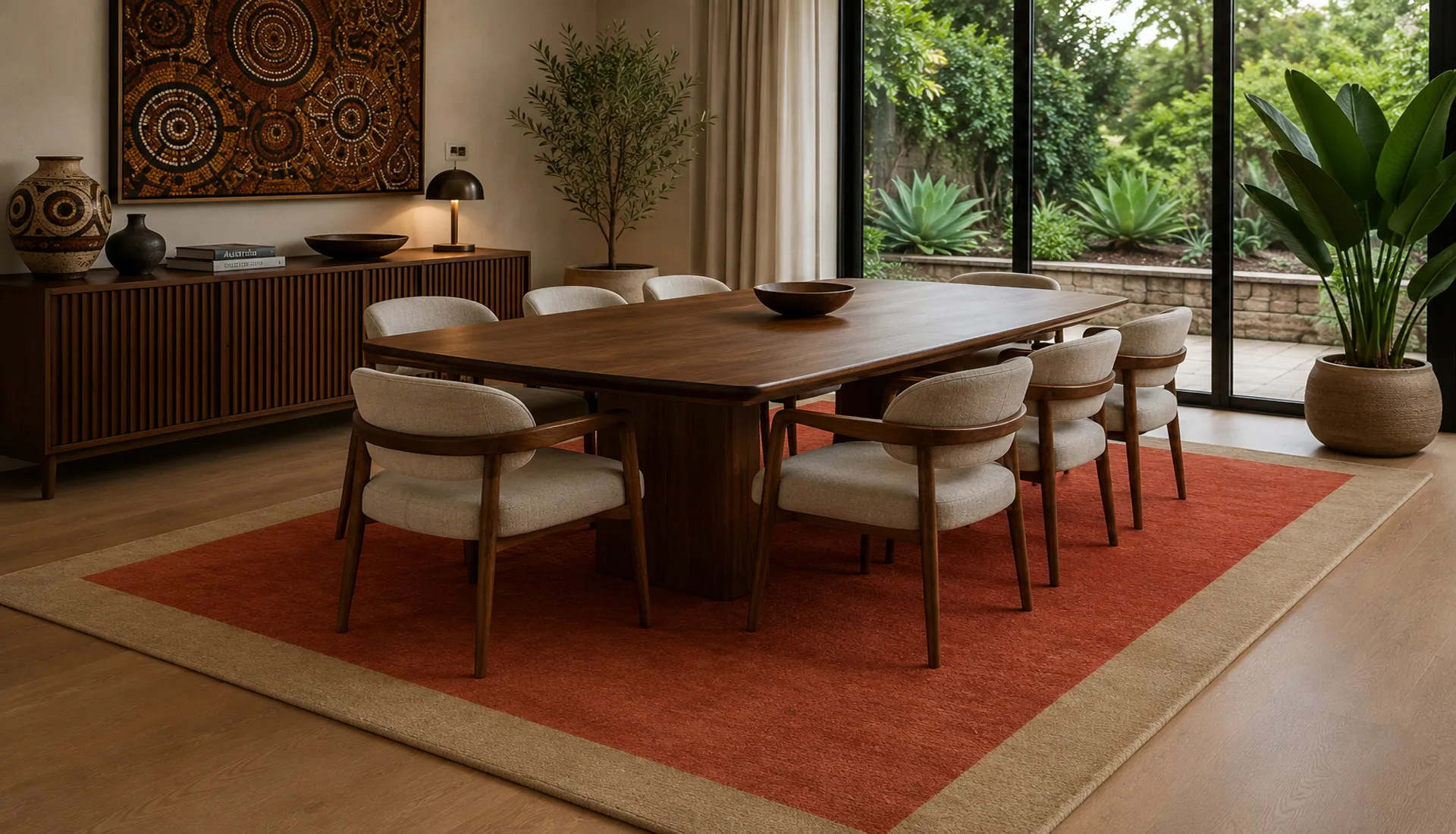 Pure  Red Wool Rug with Hint Of Copper Brown Border