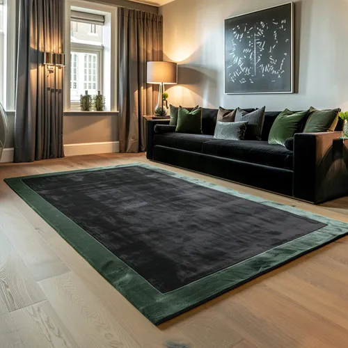 Jet Black Viscose Rug with Opal Green Border