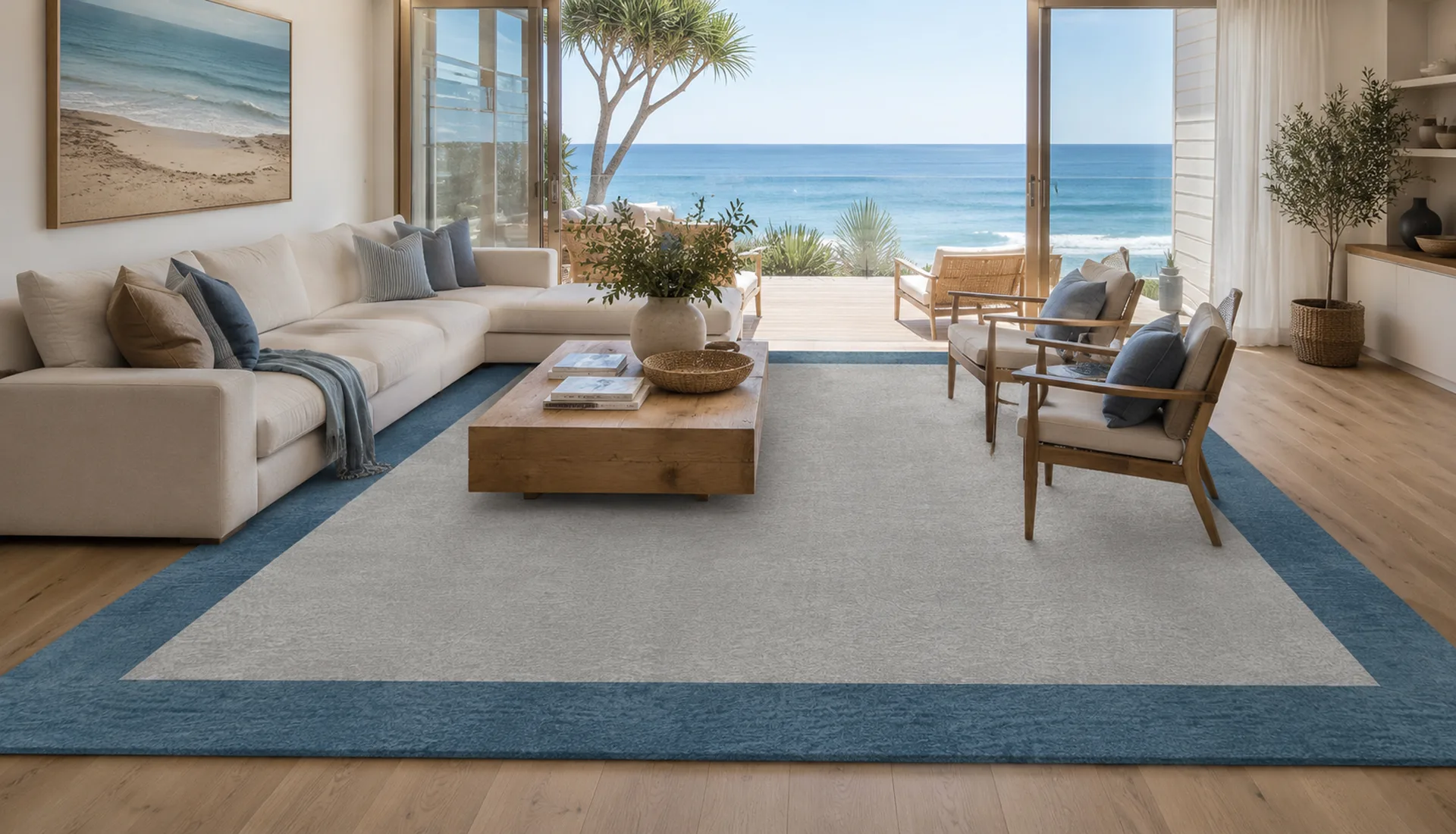 Purple Grey White Wool Rug with Teal Art Silk Border