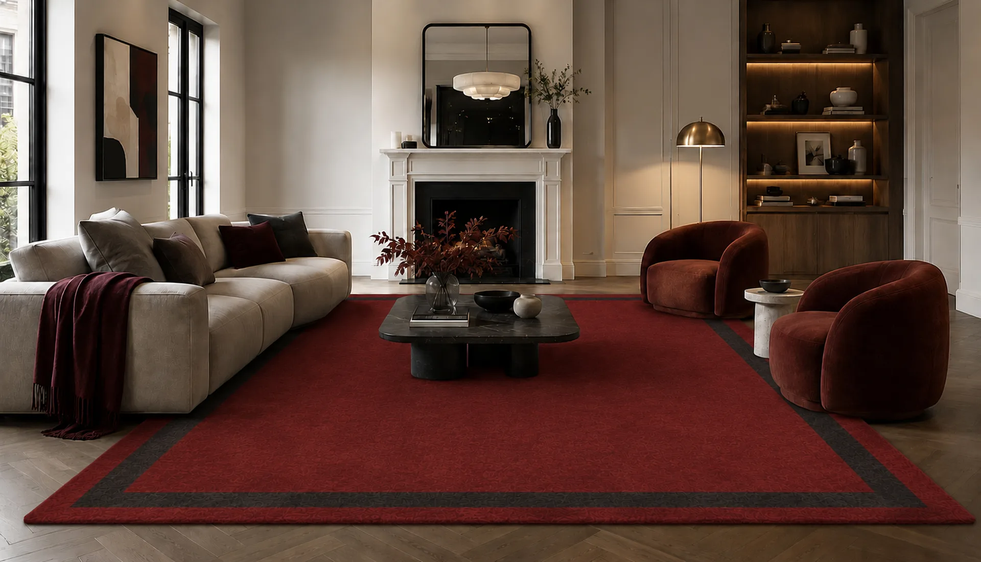 Flame Red Wool Rug with Jet Black Art Silk Inset Border