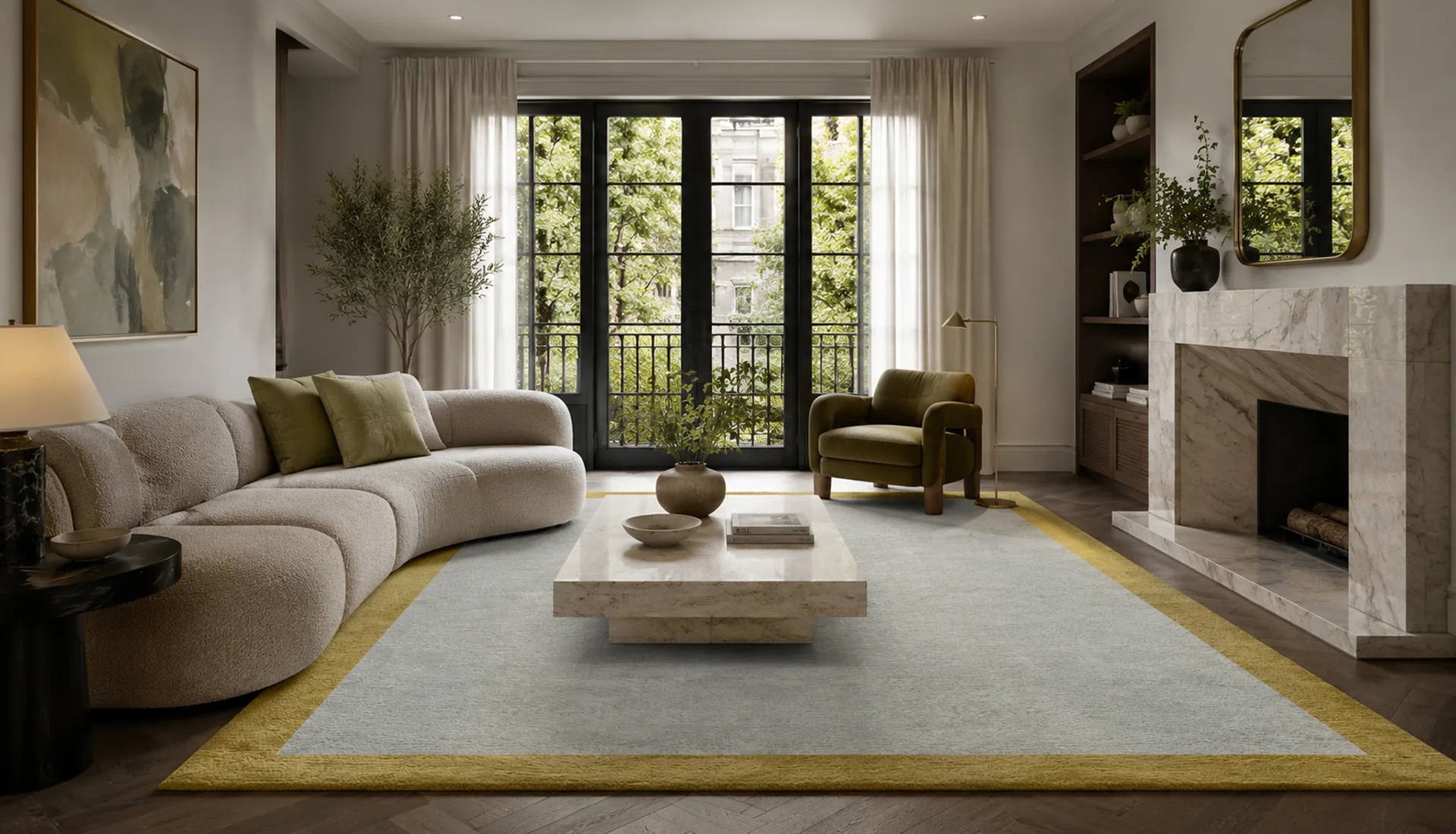Silver Gre Art Silk Rug with Honey Yellow Border
