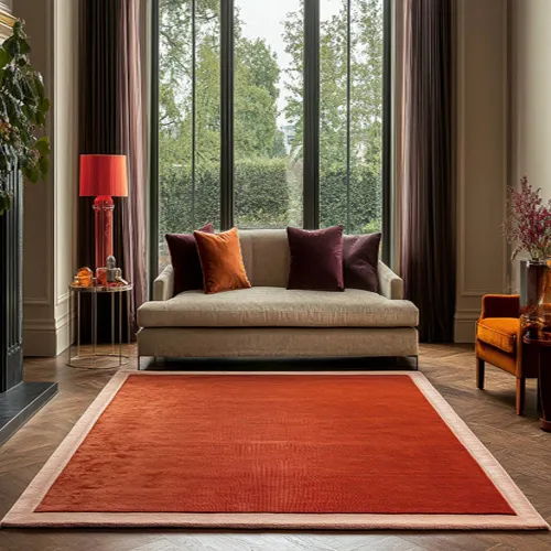 Pure  Red Wool Rug with Hint Of Copper Brown Border