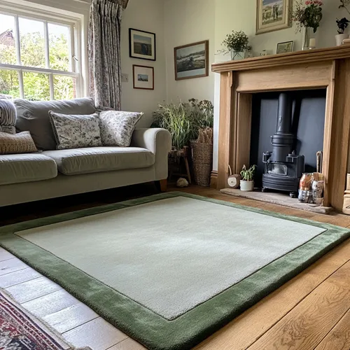 Blue Green White Wool Rug with Pastel Turquoise Green Border